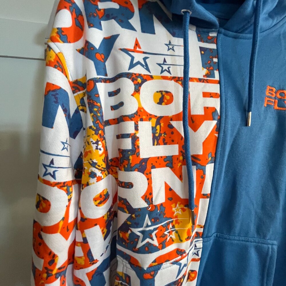 BNWT Born Fly Graffiti Blue Multi Print Blue - Tangy Orange Fleece Hoodie (L)
